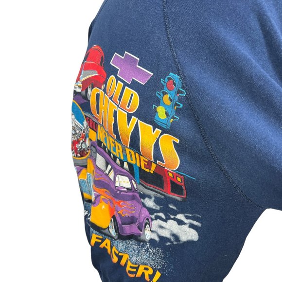 VINTAGE 90's UNISEX Blue Speed Limit Seventy "Old Chevy's Never Die" Pullover - Picture 7 of 8